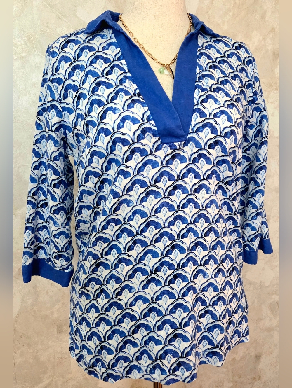 Sigrid Olsen 100% Linen Blue Print Tunic Top Small Coastal Boho Lightweight